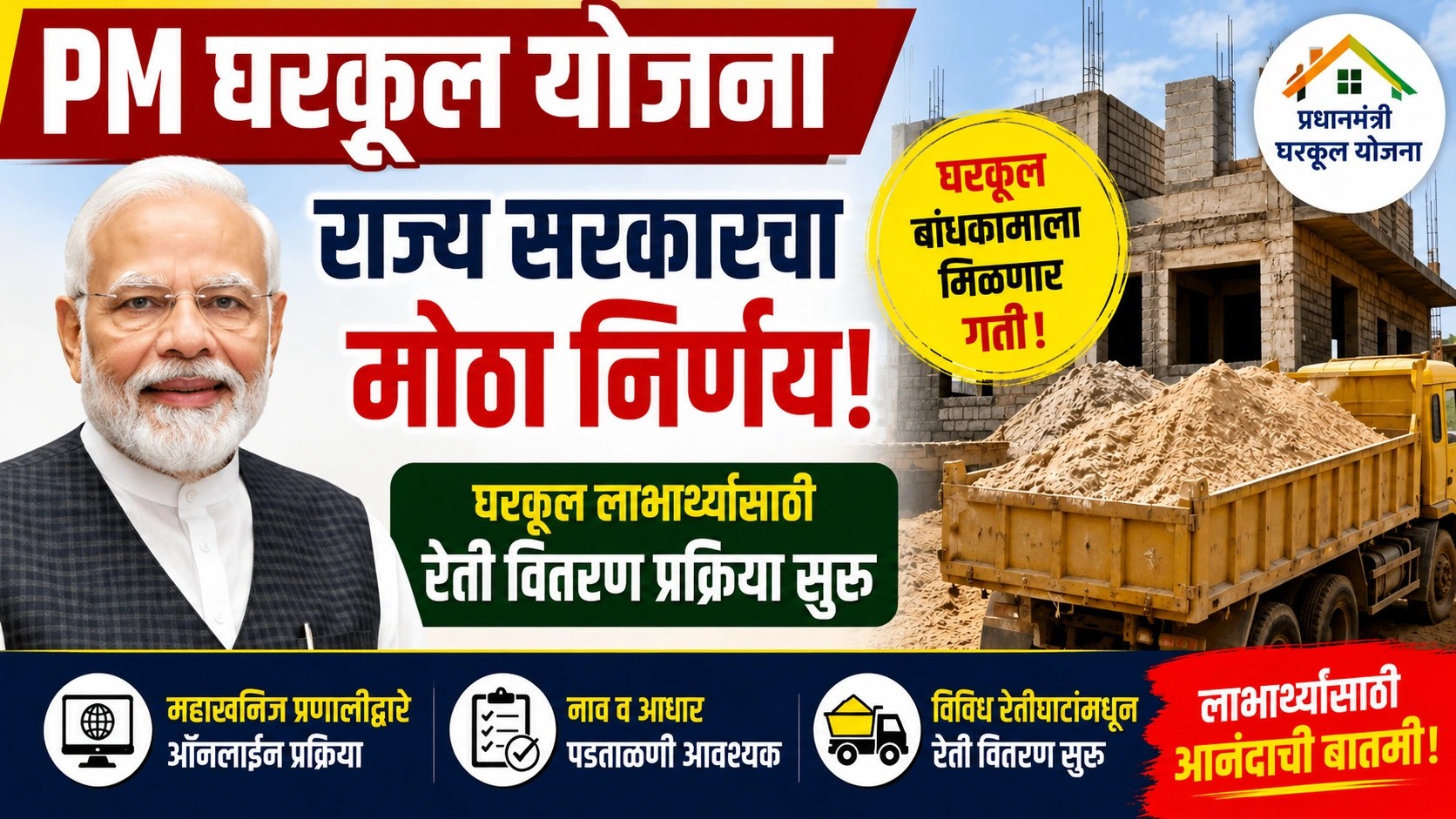 PM Gharkul Yojana : घरकूल लाभार्थ्यांसाठी राज्य सरकारचा मोठा दिलासा; रेती वितरण प्रक्रिया सुरू PM Gharkul Yojana : घरकूल लाभार्थ्यांसाठी राज्य सरकारचा मोठा दिलासा; रेती वितरण प्रक्रिया सुरू