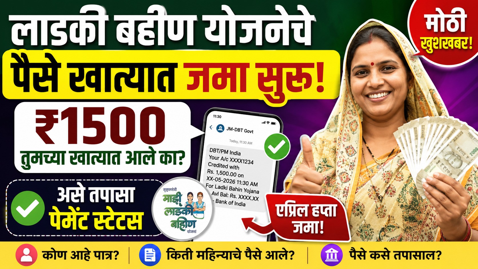 लाडकी बहीण योजनेचे पैसे खात्यात जमा होण्यास सुरुवात! तुमच्या खात्यात ₹1500 आले का ? लगेच तपासा लाडकी बहीण योजनेचे पैसे खात्यात जमा होण्यास सुरुवात! तुमच्या खात्यात ₹1500 आले का ? लगेच तपासा