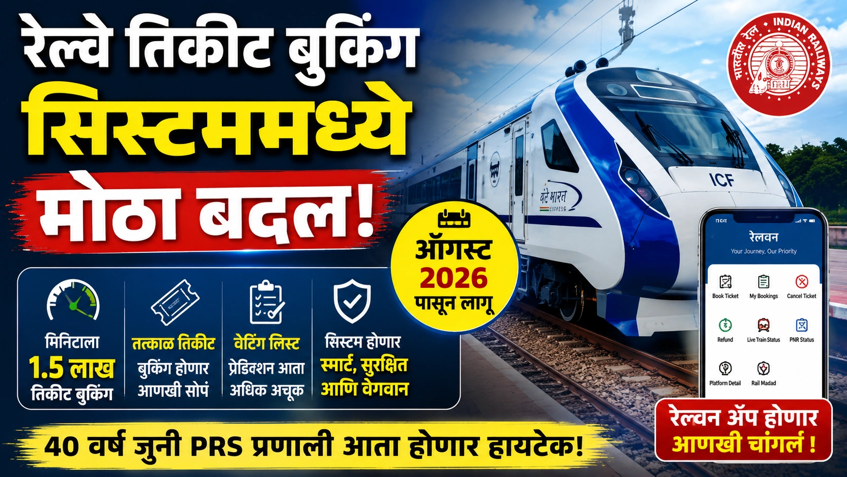 रेल्वेची तिकीट बुकिंग प्रणाली होणार हायटेक; प्रवाशांना मिळणार मोठा दिलासा रेल्वेची तिकीट बुकिंग प्रणाली होणार हायटेक; प्रवाशांना मिळणार मोठा दिलासा