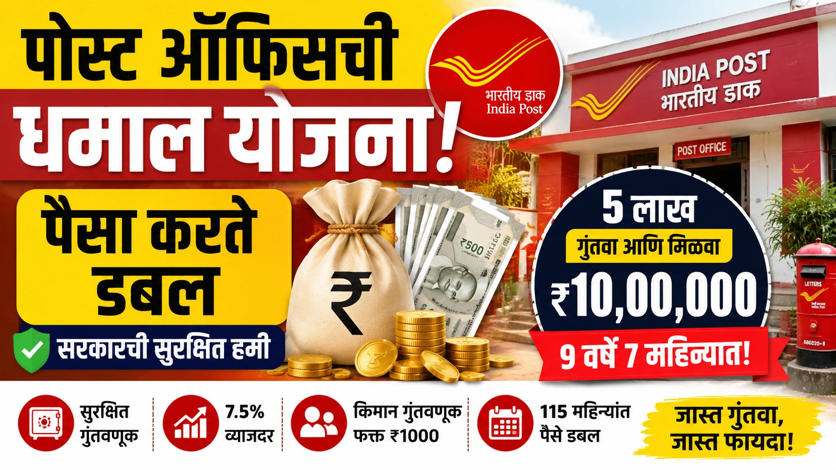 Post Office ची भन्नाट योजना! 5 लाखांची गुंतवणूक होणार थेट 10 लाख, सरकारची सुरक्षित हमी