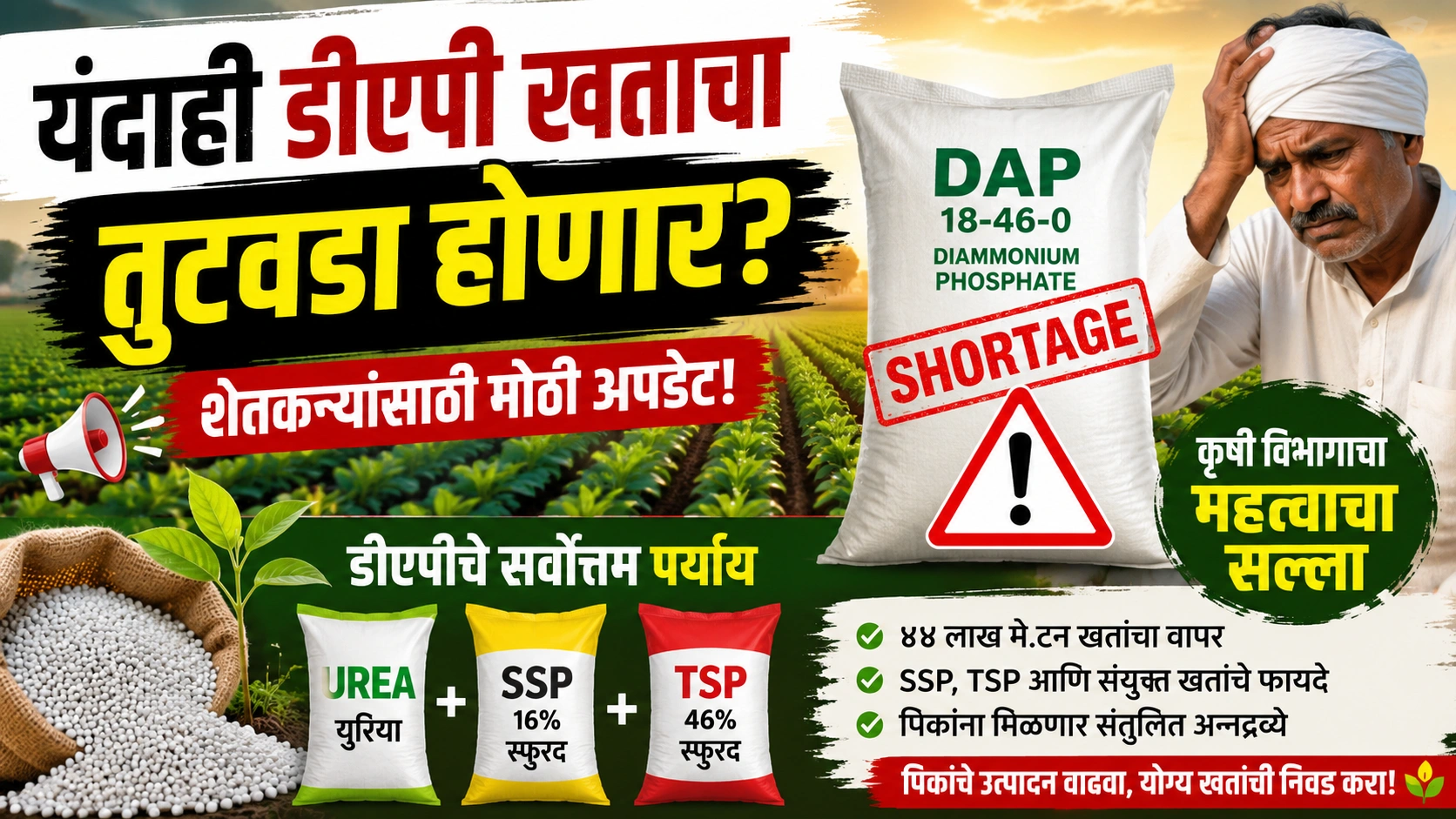 खरीप हंगामात डीएपी खताचा तुटवडा? शेतकऱ्यांसाठी पर्यायी खतांचा महत्त्वाचा सल्ला खरीप हंगामात डीएपी खताचा तुटवडा? शेतकऱ्यांसाठी पर्यायी खतांचा महत्त्वाचा सल्ला