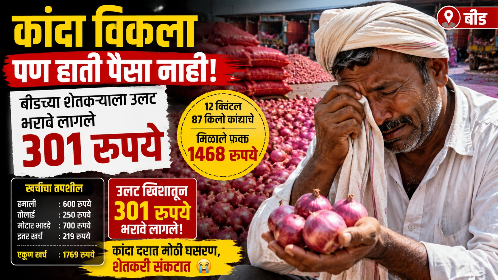 कांदा विकला पण हाती पैसा नाही! बीडच्या शेतकऱ्याला उलट खिशातून भरावे लागले 301 रुपये कांदा विकला पण हाती पैसा नाही! बीडच्या शेतकऱ्याला उलट खिशातून भरावे लागले 301 रुपये