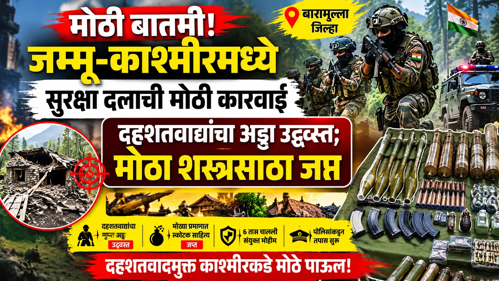 मोठी बातमी! जम्मू-काश्मीरमध्ये सुरक्षा दलाची धडक कारवाई; दहशतवाद्यांचा अड्डा उद्ध्वस्त, मोठा शस्त्रसाठा जप्त मोठी बातमी! जम्मू-काश्मीरमध्ये सुरक्षा दलाची धडक कारवाई; दहशतवाद्यांचा अड्डा उद्ध्वस्त, मोठा शस्त्रसाठा जप्त