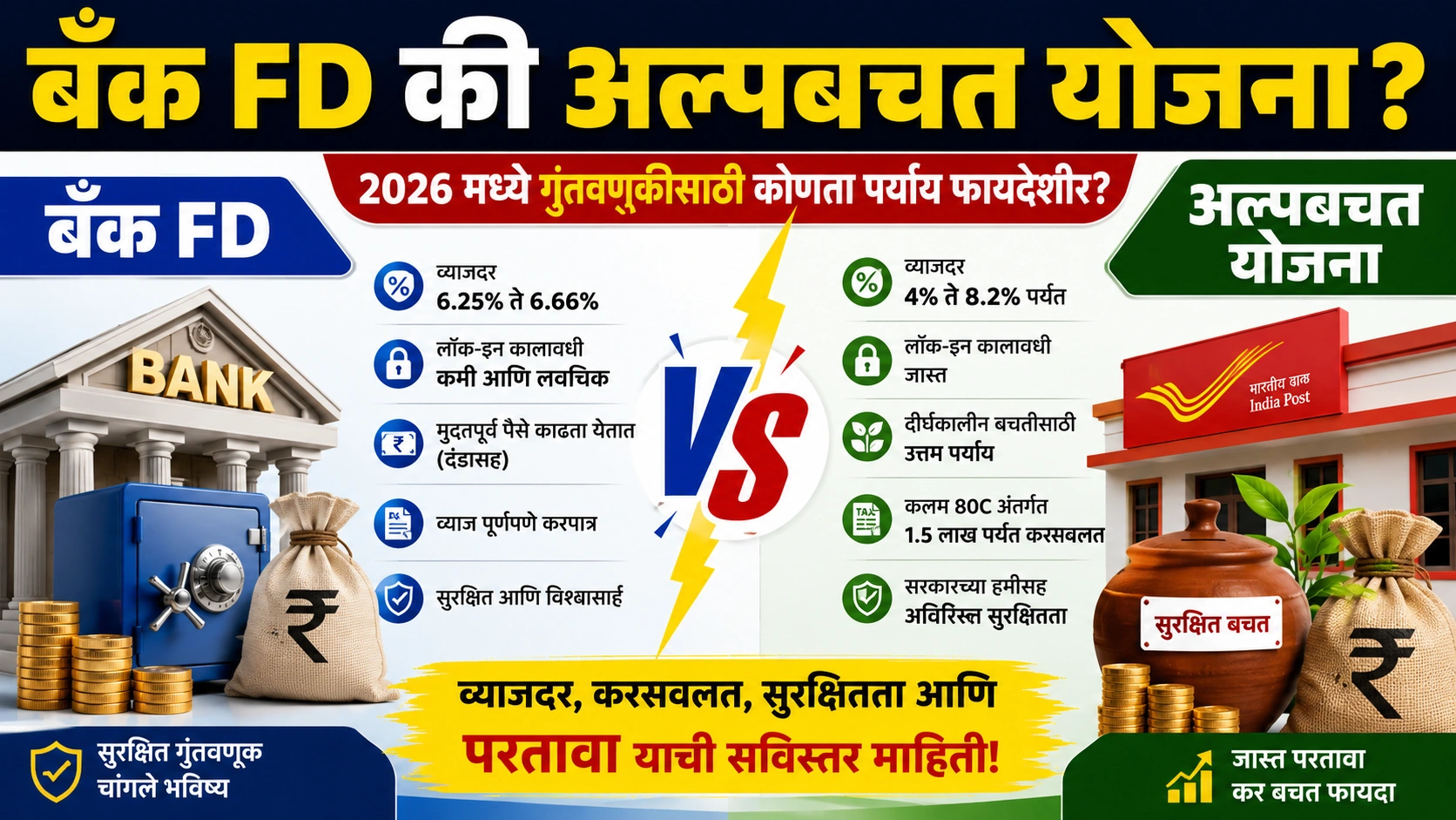 बँक FD की अल्पबचत योजना ? 2026 मध्ये गुंतवणुकीसाठी कोणता पर्याय ठरतोय फायदेशीर? जाणून घ्या सविस्तर माहिती बँक FD की अल्पबचत योजना ? 2026 मध्ये गुंतवणुकीसाठी कोणता पर्याय ठरतोय फायदेशीर? जाणून घ्या सविस्तर माहिती