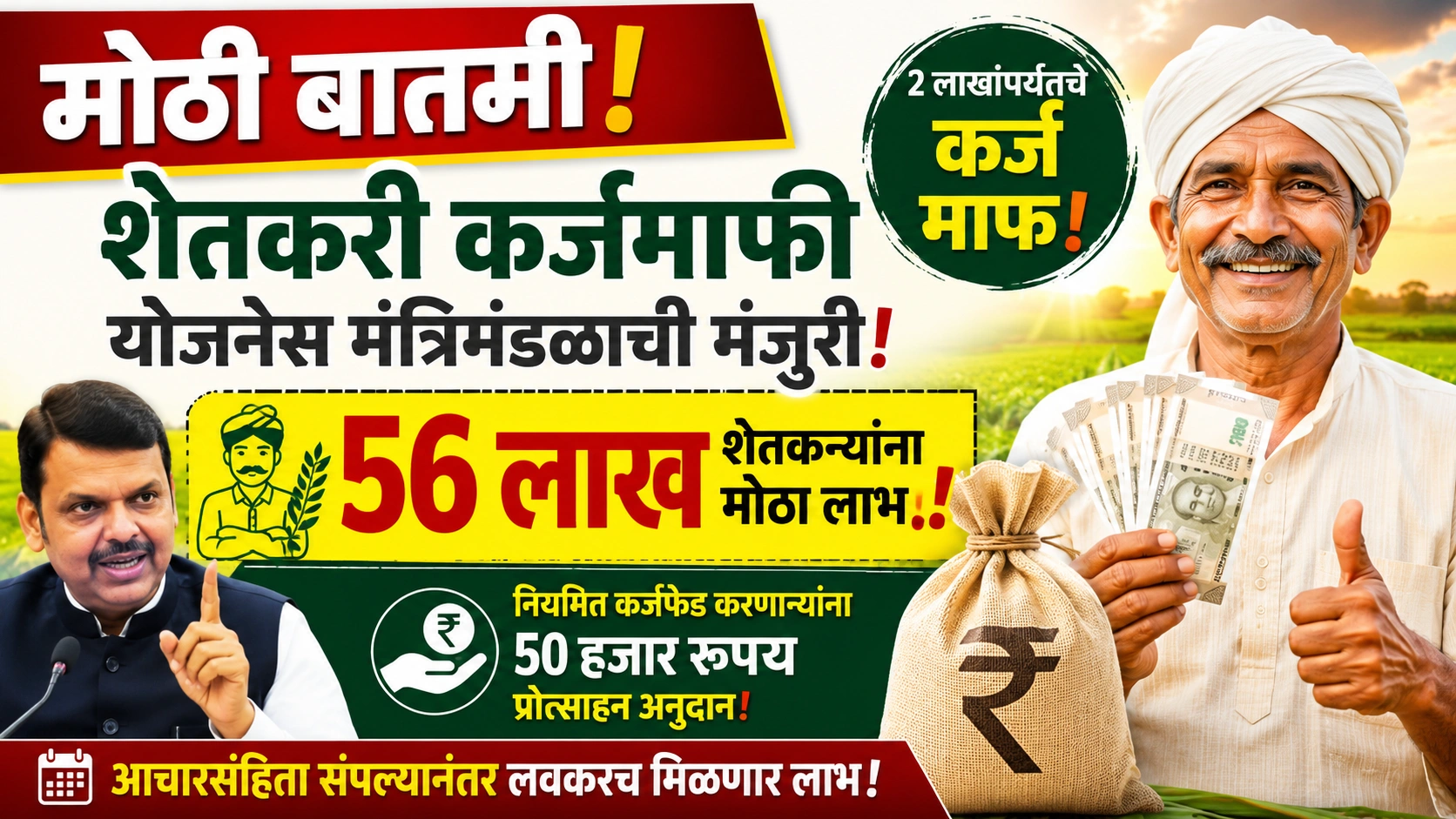 शेतकऱ्यांसाठी मोठी आनंदाची बातमी ! राज्यातील 56 लाख शेतकऱ्यांना कर्जमाफीचा लाभ; मंत्रिमंडळाची महत्त्वपूर्ण मंजुरी शेतकऱ्यांसाठी मोठी आनंदाची बातमी ! राज्यातील 56 लाख शेतकऱ्यांना कर्जमाफीचा लाभ; मंत्रिमंडळाची महत्त्वपूर्ण मंजुरी