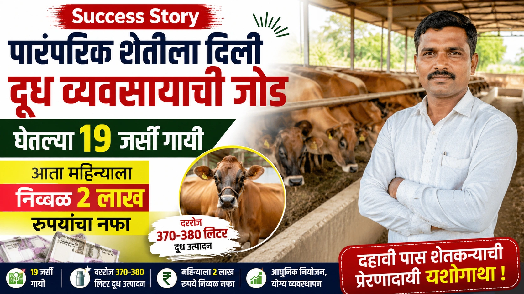 Success Story : पारंपरिक शेतीसोबत दुग्ध व्यवसायाची सांगड; 19 जर्सी गायींच्या बळावर महिन्याला 2 लाखांचा निव्वळ नफा Success Story : पारंपरिक शेतीसोबत दुग्ध व्यवसायाची सांगड; 19 जर्सी गायींच्या बळावर महिन्याला 2 लाखांचा निव्वळ नफा