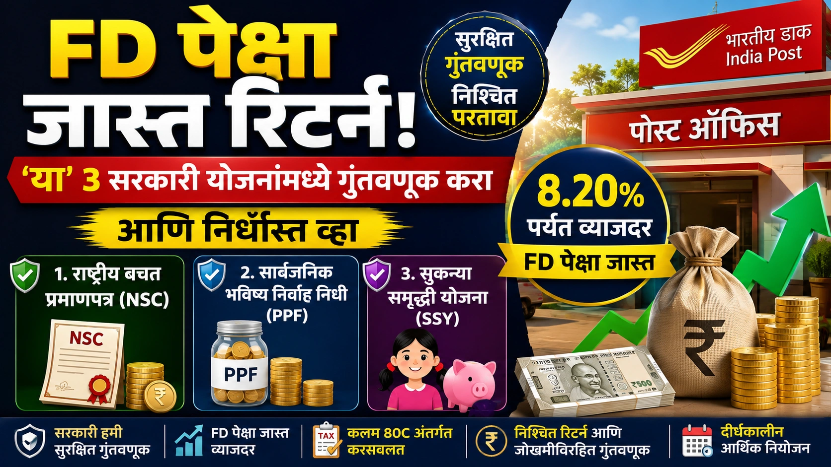 FD पेक्षा जास्त रिटर्न! ‘या’ 3 सरकारी योजनांमध्ये गुंतवणूक करा आणि भविष्यासाठी निर्धास्त व्हा FD पेक्षा जास्त रिटर्न! ‘या’ 3 सरकारी योजनांमध्ये गुंतवणूक करा आणि भविष्यासाठी निर्धास्त व्हा