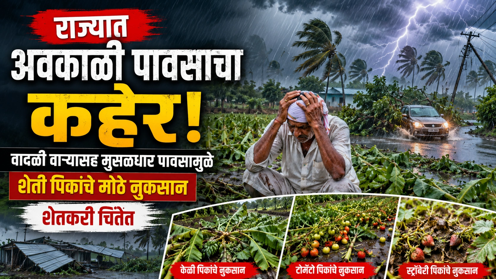 राज्यात अवकाळी पावसाचा कहर; वादळी वाऱ्यासह मुसळधार पावसामुळे शेती पिकांचे मोठे नुकसान, शेतकरी चिंतेत राज्यात अवकाळी पावसाचा कहर; वादळी वाऱ्यासह मुसळधार पावसामुळे शेती पिकांचे मोठे नुकसान, शेतकरी चिंतेत