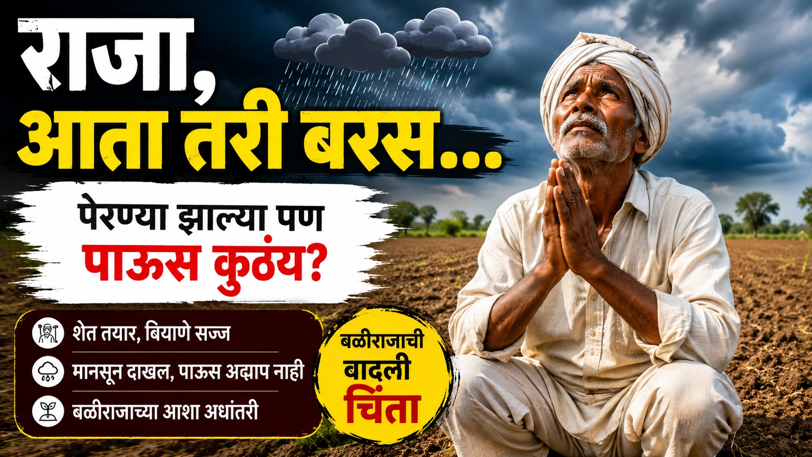 राजा, आता तरी बरस… पेरण्या सज्ज, पण पावसाच्या प्रतीक्षेत बळीराजा; वाढली शेतकऱ्यांची चिंता राजा, आता तरी बरस… पेरण्या सज्ज, पण पावसाच्या प्रतीक्षेत बळीराजा; वाढली शेतकऱ्यांची चिंता