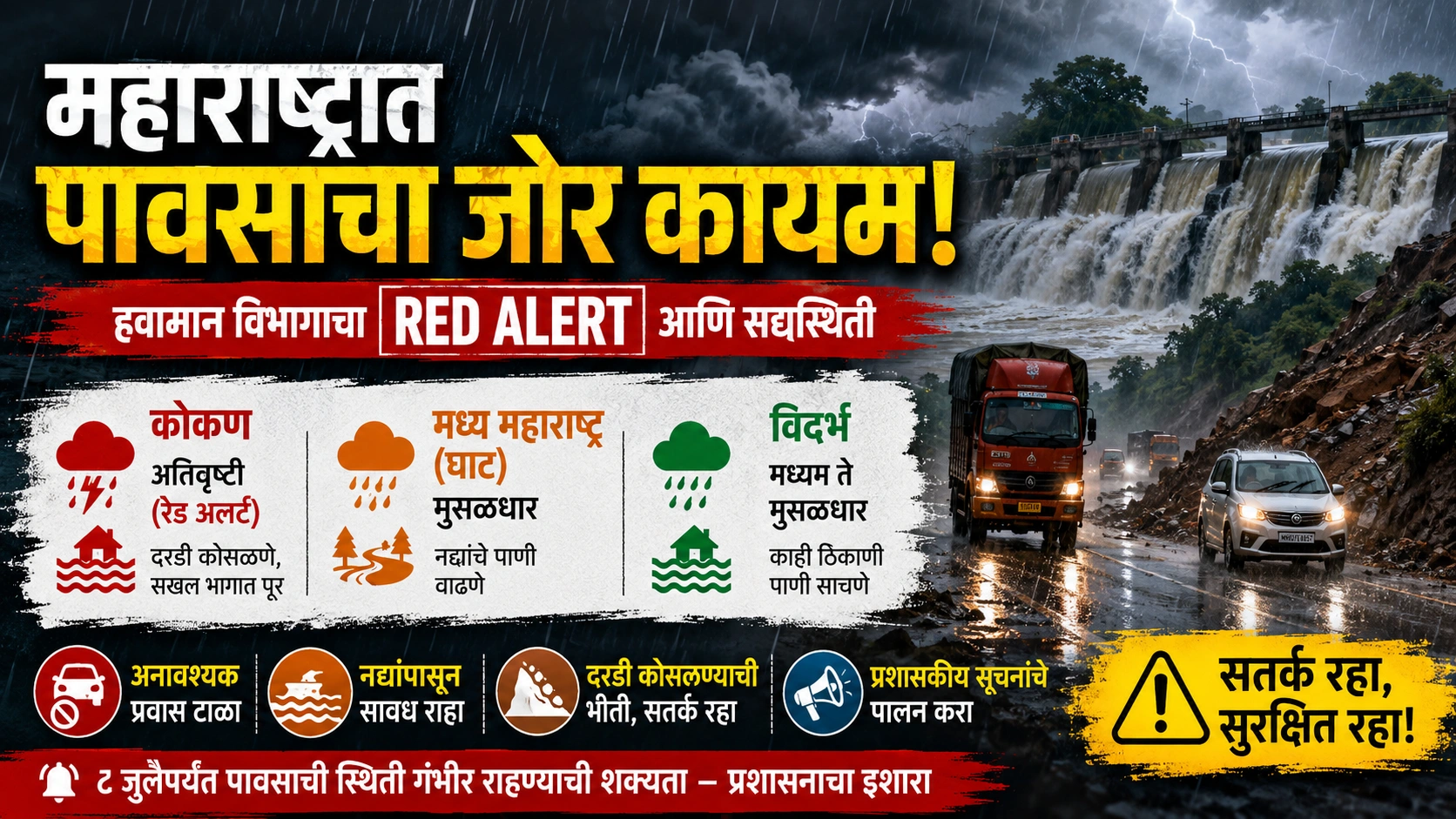 महाराष्ट्रात पावसाचा जोर कायम: हवामान विभागाचा रेड अलर्ट आणि सद्यस्थिती महाराष्ट्रात पावसाचा जोर कायम: हवामान विभागाचा रेड अलर्ट आणि सद्यस्थिती
