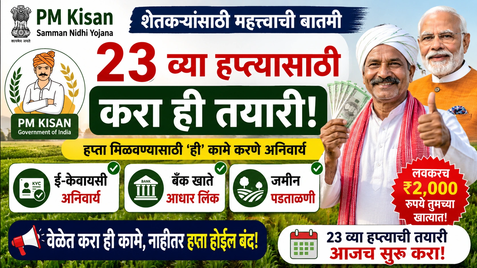 PM Kisan Samman Nidhi: शेतकऱ्यांसाठी महत्त्वाची बातमी, २३ व्या हप्त्यासाठी करा ही तयारी PM Kisan Samman Nidhi: शेतकऱ्यांसाठी महत्त्वाची बातमी, २३ व्या हप्त्यासाठी करा ही तयारी