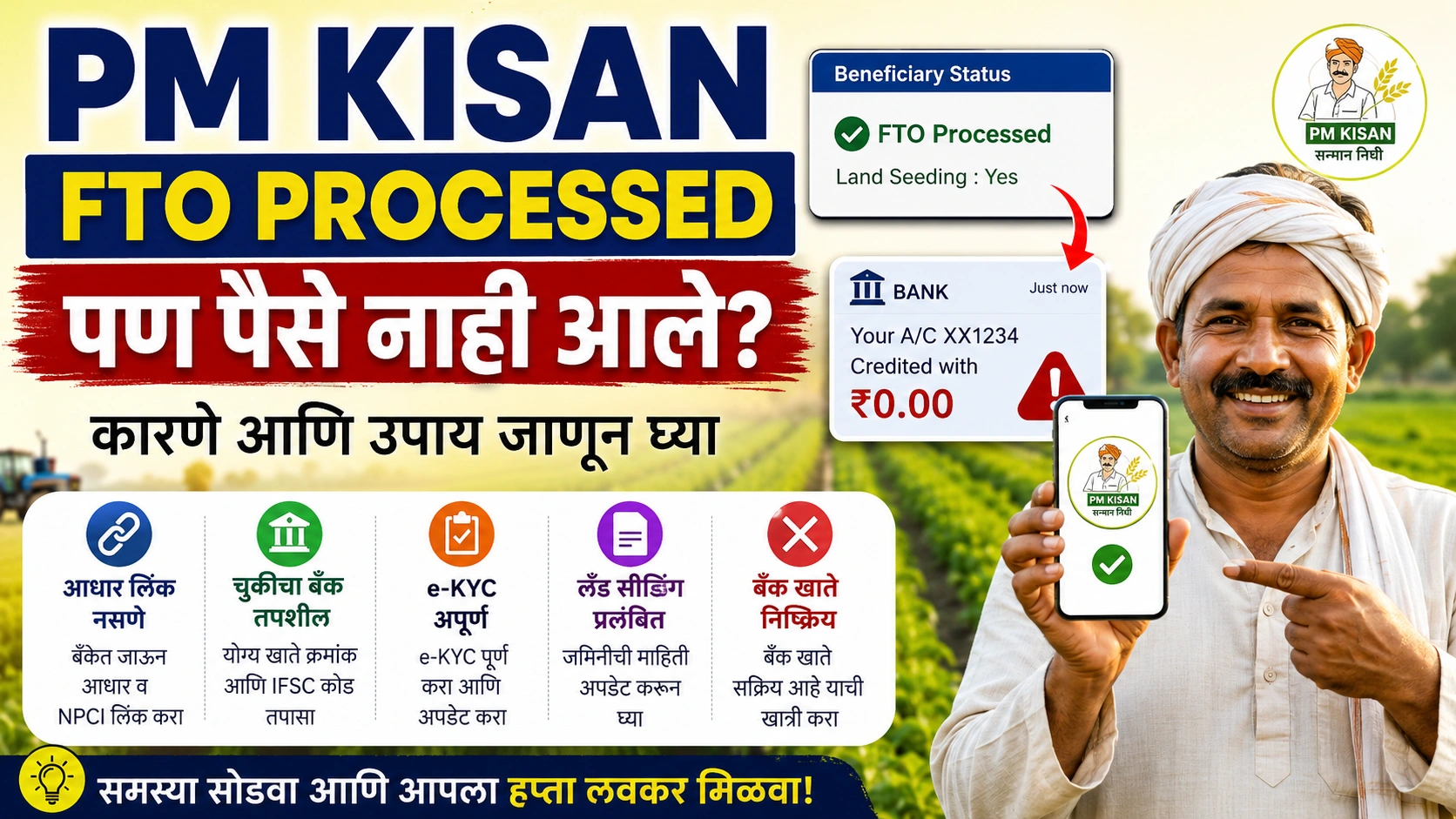 शेतकऱ्यांच्या खात्यात पीएम किसान योजनेचा हप्ता जमा झाला नाही का? ‘एफटीओ प्रोसेस्ड’ स्टेटस असूनही पैसे न मिळाल्यास काय करावे, याची सविस्तर माहिती जाणून घ्या. शेतकऱ्यांच्या खात्यात पीएम किसान योजनेचा हप्ता जमा झाला नाही का? ‘एफटीओ प्रोसेस्ड’ स्टेटस असूनही पैसे न मिळाल्यास काय करावे, याची सविस्तर माहिती जाणून घ्या.