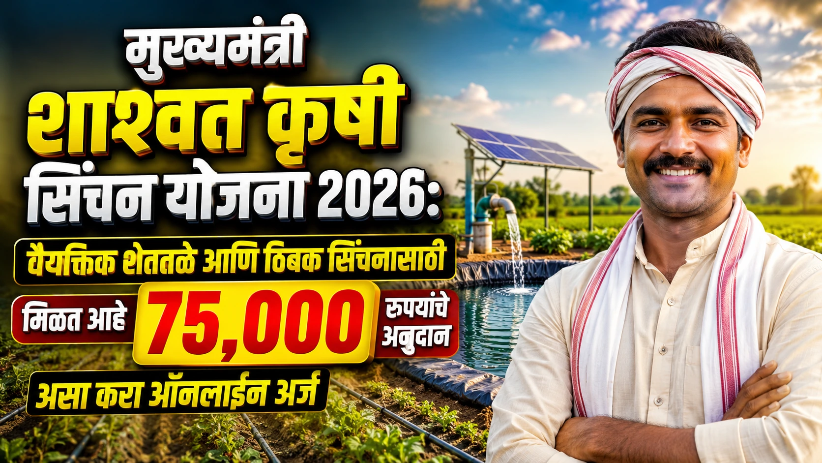 मुख्यमंत्री शाश्वत कृषी सिंचन योजना २०२६: वैयक्तिक शेततळे आणि ठिबक सिंचनासाठी मिळत आहे ७५,००० रुपयांचे अनुदान, असा करा ऑनलाईन अर्ज मुख्यमंत्री शाश्वत कृषी सिंचन योजना २०२६: वैयक्तिक शेततळे आणि ठिबक सिंचनासाठी मिळत आहे ७५,००० रुपयांचे अनुदान, असा करा ऑनलाईन अर्ज